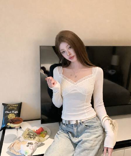 260 그램 사람들 면 V넥 레이스 조각 긴팔 티셔츠 여성 화이트 몸매 가꾸기 슬림해 보이는 인사이드 가져 가라. 기본 셔츠 맨위 가을
