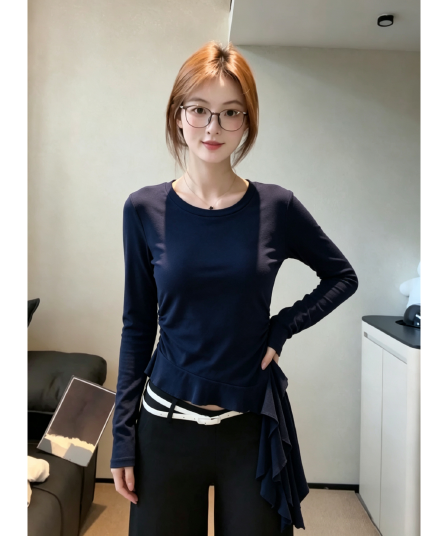 경관 그림 라이 우아한 210 그램 20 가을 핫걸 해군 라운드 넥 불규칙 밑단 디자인 센스 긴팔 티셔츠 여성