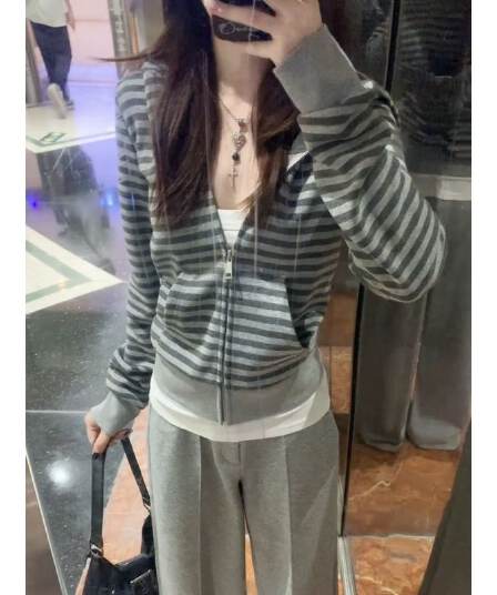 원본 원단 한 부서 스트라이프 허리 수축 후드 티 스웨터 여성 코트 가을 몸매 가꾸기 지퍼 오픈 가디건 맨위