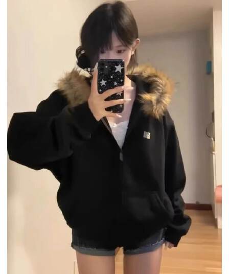 예약하기 섹션 310 크 털이 있는 400g 큰 모피 칼라 탈착식 한국 스타일 후드티 여성 조수 브랜드 재킷
