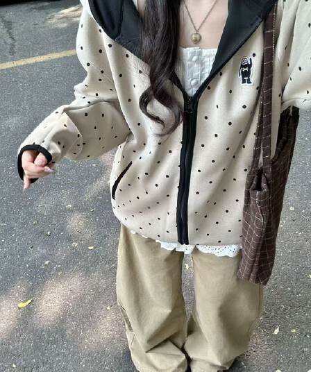 후아 면 복합 레트로 도트 무늬 자수 후드 오픈 가디건 후드티 여성 가을 겨울 새로운 캐주얼 루즈핏 검은 색 테두리 재킷