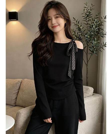 사람들 면 와 사고 방식 260 그램 핫걸 디자인 작은 대중 오프숄더 레이스업 긴팔 티셔츠 여성 가을 몸매 가꾸기 슬림해 보이는 맨위