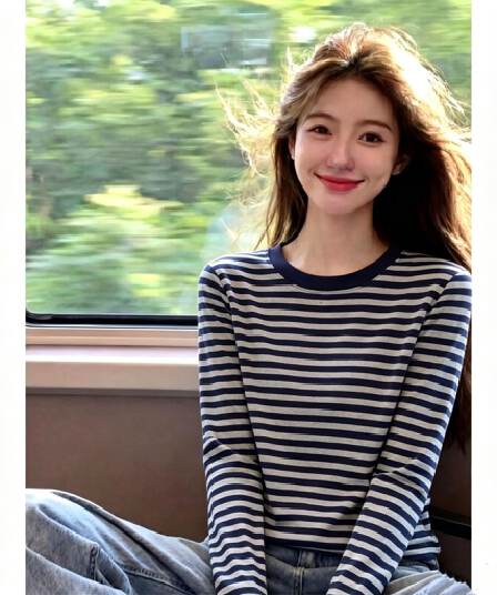 원본 좋은 품질 이후 패키지 칼라 핫걸 스트라이프 긴팔 티셔츠 여성 가을 새로운 라운드 넥 슬림해 보이는 기본 셔츠 맨위