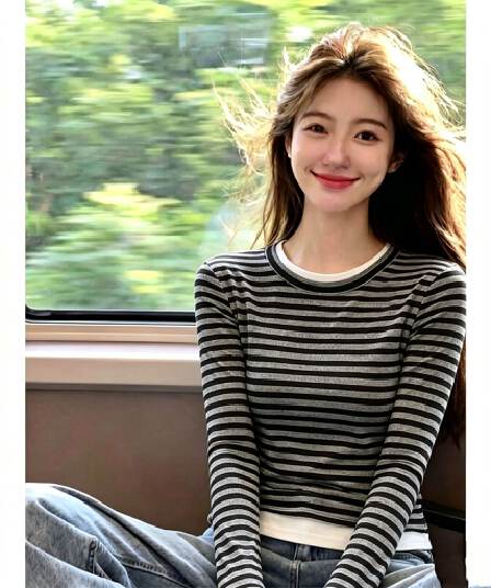 원본 품질 핫걸 블랙 회색 스트라이프 스택 착용 페이크 레이어드 라운드 넥 긴팔 티셔츠 여성 가을 새로운 기본 셔츠 맨위