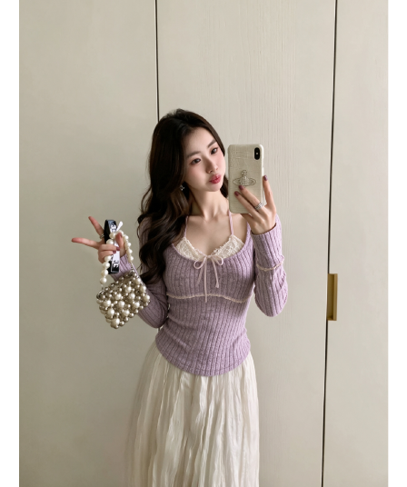 한국 스타일 핫걸 섹시함 레이스 행침 목 페이크 레이어드 니트 스웨터 여성 가을 겨울 핫걸 인사이드 가져 가라. 쇼트 스타일 쇄골 맨위