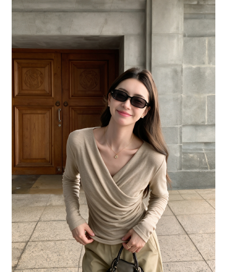요 기사 양모 260 그램 가을 겨울 프랑스식 숙녀 바람 고급 센스 십자가 주름 긴팔 티셔츠 여성 기본 셔츠