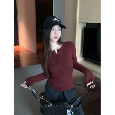 批发仿棉螺纹 辣妹V领修身正肩长袖T恤早秋气质休闲百搭显瘦上衣<b class='q'>女</b>