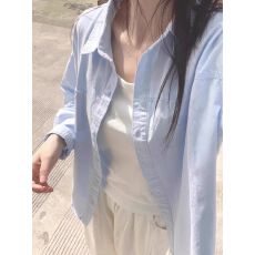 批发原版水洗全棉 秋冬蓝色衬衫<b class='q'>女</b>新款翻领内搭长袖衬衣外穿韩系上衣