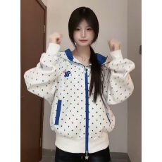 批发韩系复古满印星星魔术贴撞色连帽卫衣女<b class='q'>甜美</b>少女风开衫百搭外套潮