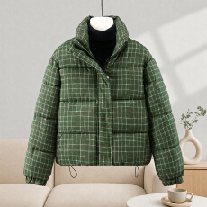 批发韩系格子短款棉衣女秋冬立领宽松显瘦棉服复古格纹加厚保暖外套