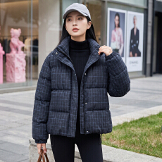 批发韩系格子短款棉衣女秋冬立领宽松显瘦棉服复古格纹加厚保暖外套