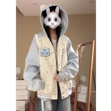 批发原版面料 韩版宅萌可爱猫咪魔术贴加绒连帽外套百搭棒球服夹克女