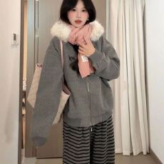 批发原版面料 毛领毛呢外套女2026秋冬新款慵懒宽松连帽灰色卫衣