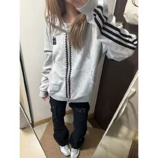 批发美式运动风波点杠条连帽卫衣女春秋冬宽松百搭休闲开衫外套上衣