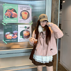 批发蝴蝶结毛领2026冬新款羽绒棉服女夹棉保暖复古学院风宽松花苞外套