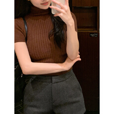 批发韩国东大门新品  性感显身材 温柔女人味高领紧身<b class='q'>短袖</b>针织<b class='q'>T</b><b class='q'>恤</b>ms
