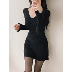 批发韩国<b class='q'>东大门</b>新品 女人味V领收腰针织纯色<b class='q'>连衣裙</b>