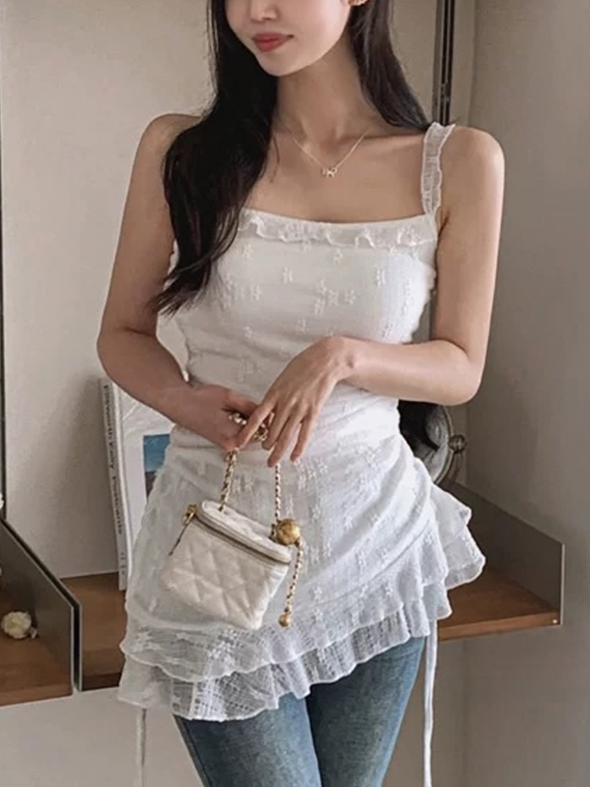 한국 동대문 신제품 순수한 작은 여자 순수한 욕망 우아한 프릴 슬립 드레스