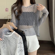 批发短款镂空防晒罩<b class='q'>衫</b>圆领上衣女夏季穿搭2026新款设计感长袖<b class='q'>空调</b><b class='q'>衫</b>潮