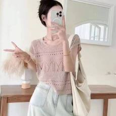 批发夏季新款洋气小个子<b class='q'>短款</b>半袖白色上衣镂空韩系针织短袖爆款T恤