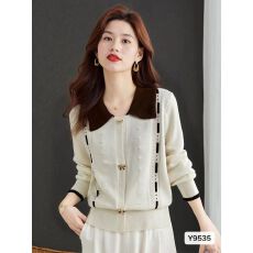 批发秋冬新款<b class='q'>韩版</b>甜美减龄拼色娃娃领蝴蝶结纽扣长袖开衫上衣女