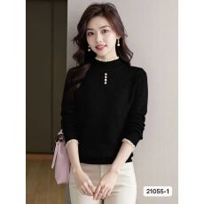 秋冬新款韩版气质半高领花边纽扣镂空百搭长袖上衣女