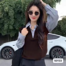 秋冬新款韩系polo领衬衣拼接假两件针织长袖上衣女