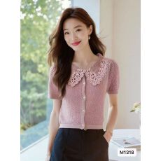 批发2026年新款白色娃娃领短袖针织<b class='q'>开衫</b>女重工镂空修身<b class='q'>短款</b>甜辣上衣女