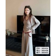 批发早秋外搭开衫上衣+韩系U领撞色针织<b class='q'>修身</b>背心+休闲裤套装三件套