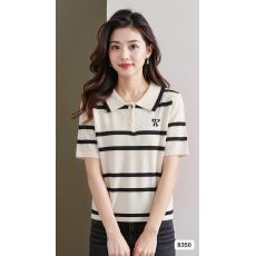 批发时尚翻领半开胸扭结刺绣条纹短袖