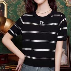 批发2026年春夏季<b class='q'>韩版</b>甜美蝴蝶结时尚条纹圆领冰丝针织短袖百搭上衣