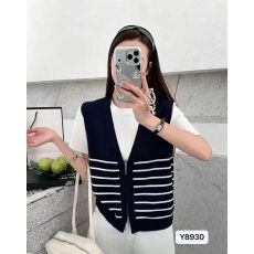 批发学院风V领撞色条纹针叠穿双头拉链背心<b class='q'>开衫</b>