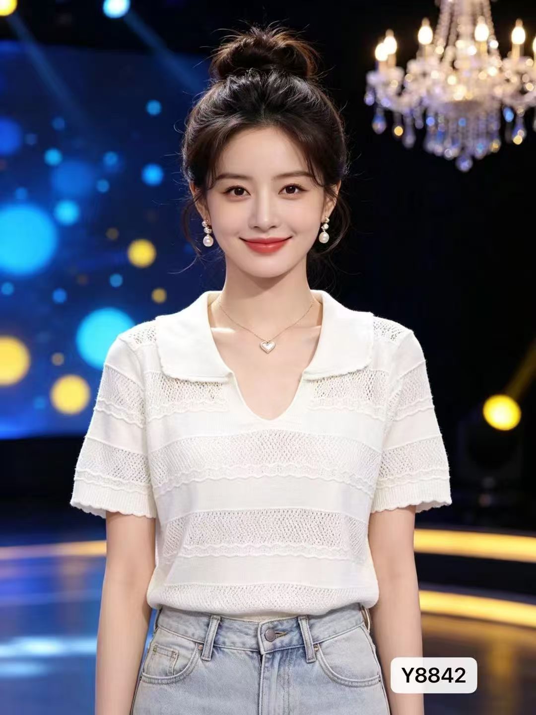 빛 요리 한 바람 뒤집다 V넥 가로 홀로우 아웃 니트 질감 풀오버 반팔