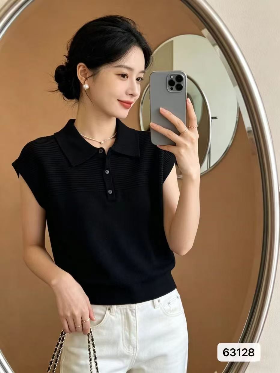프랑스식 POLO 칼라 가로 줄무늬 니트 루즈핏 풀오버 반팔