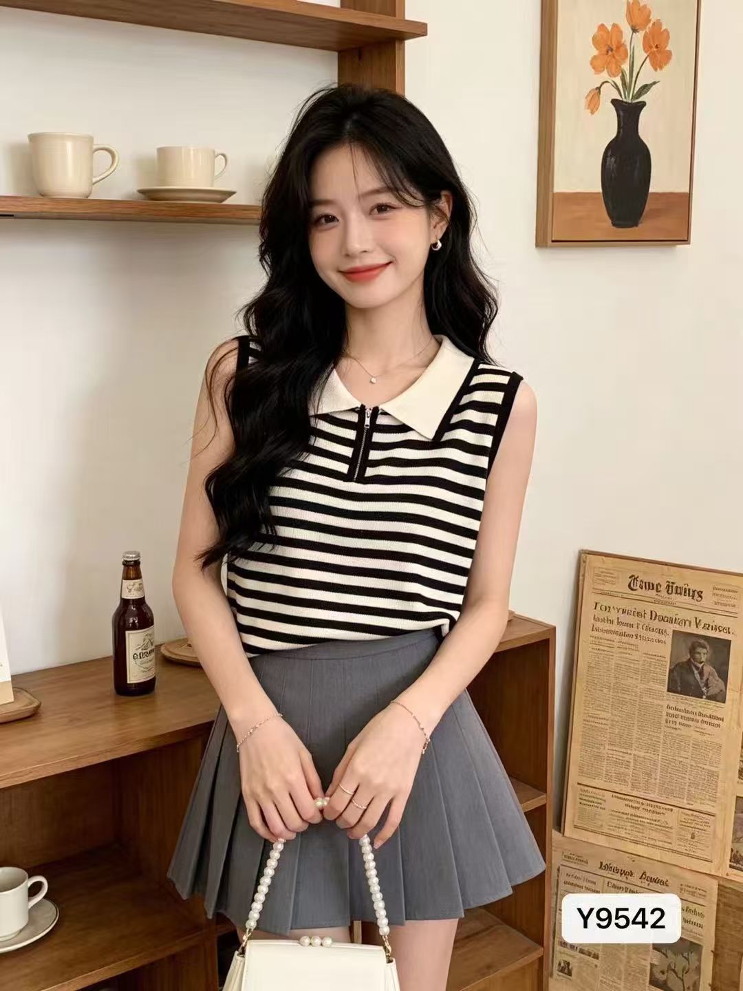 프랑스식 폴로 칼라 하프 지퍼 스트라이프 슬림해 보이는 니트 풀오버 조끼