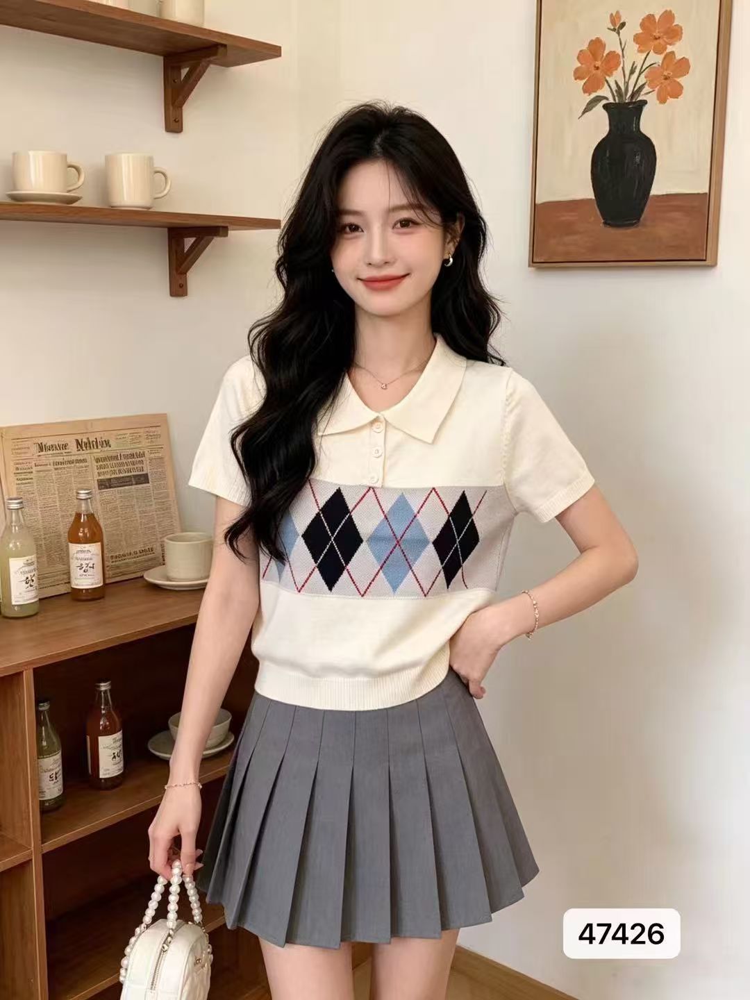 프랑스식 학원 스타일 POLO 칼라 링 그리드 자카드 풀오버 반팔