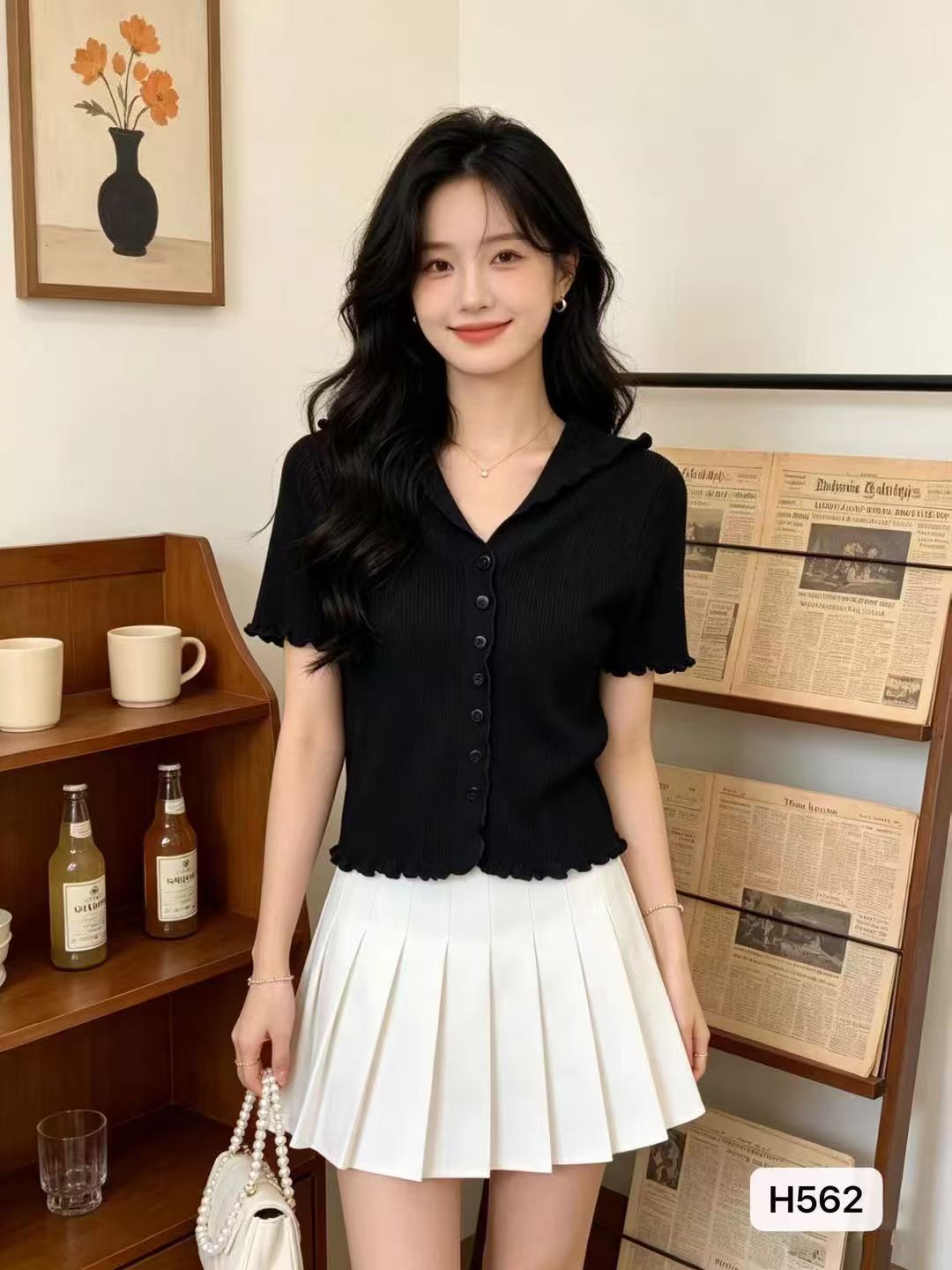 한 부서 뒤집다 V넥 프릴 디자인 센스 반팔 오픈 가디건