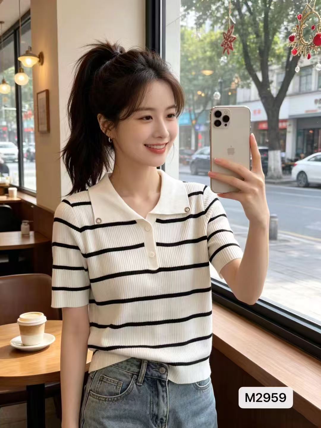 프랑스식 고급 센스 폴로 칼라 단추 하프 열린 가슴 스트라이프 풀오버 반팔