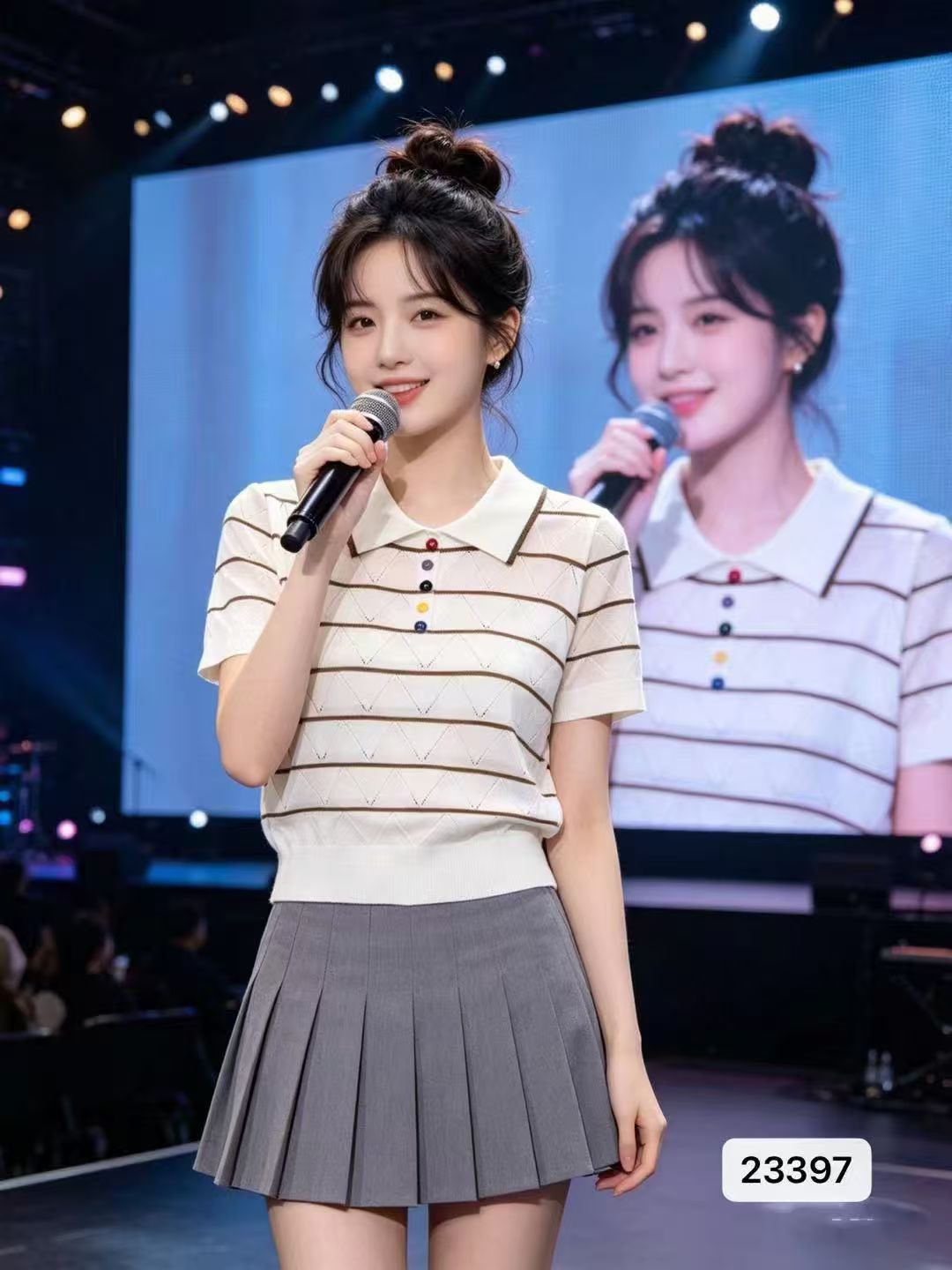 패션 POLO 칼라 색상 단추 물결무늬 홀로우 아웃 니트 스트라이프 풀오버 반팔