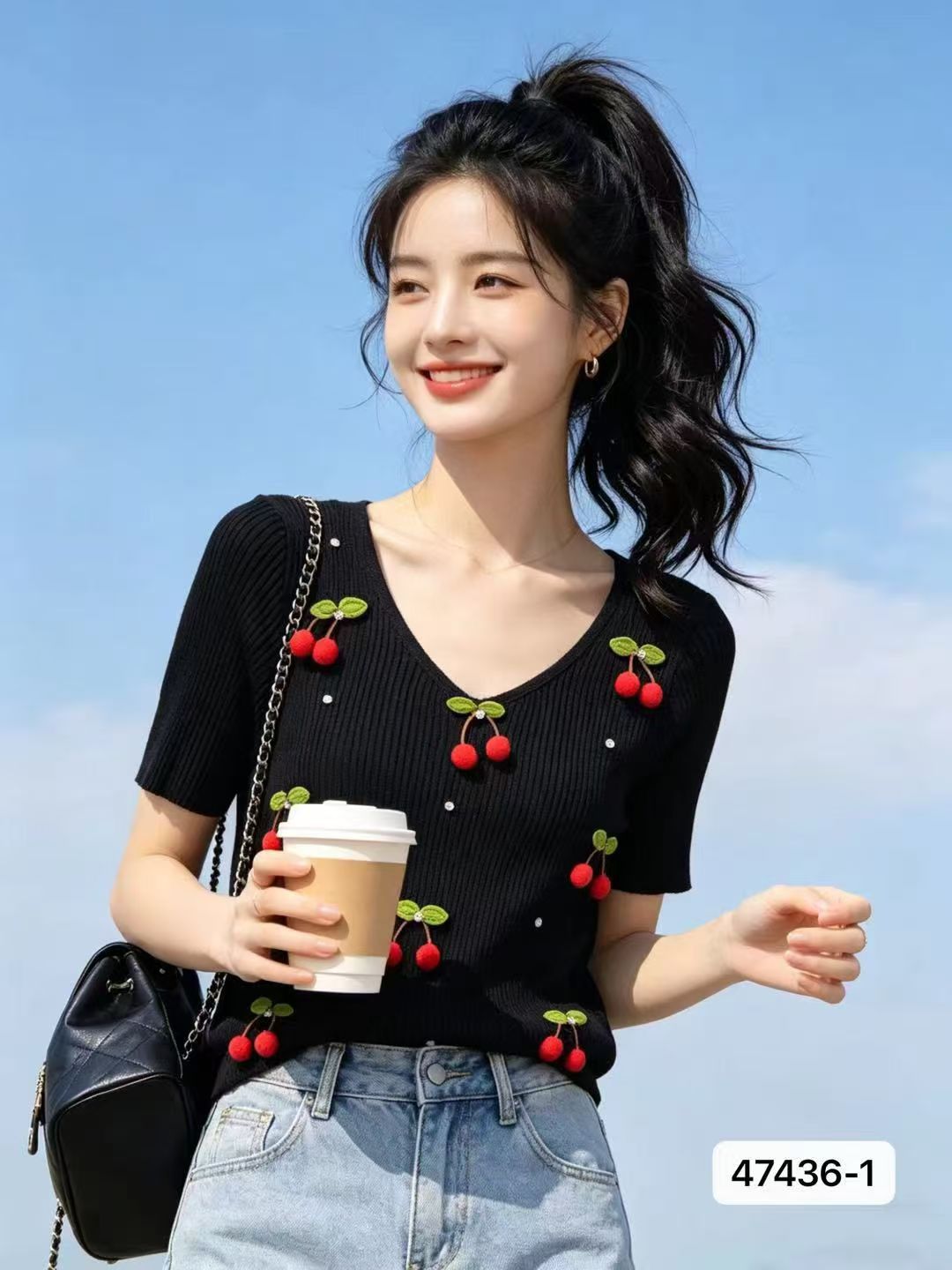 분위기 센스 V넥 3 차원 체리 비즈 박기 니트 풀오버 반팔