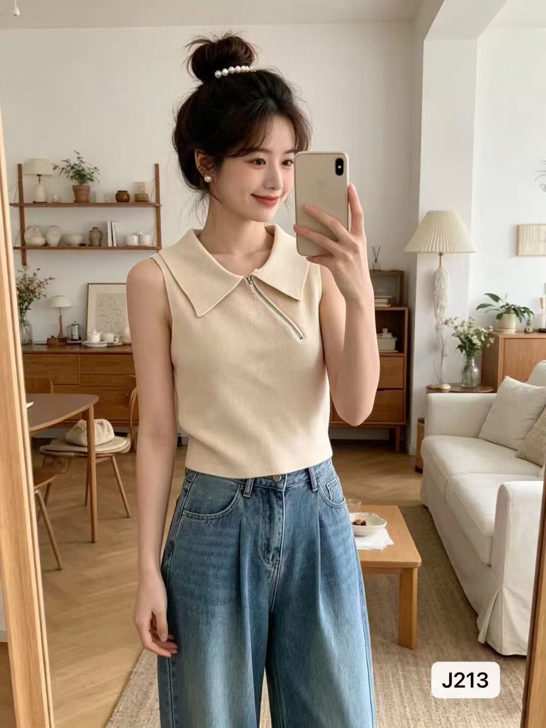 패션 POLO 칼라 비스듬한 지퍼 디자인 니트 풀오버 조끼
