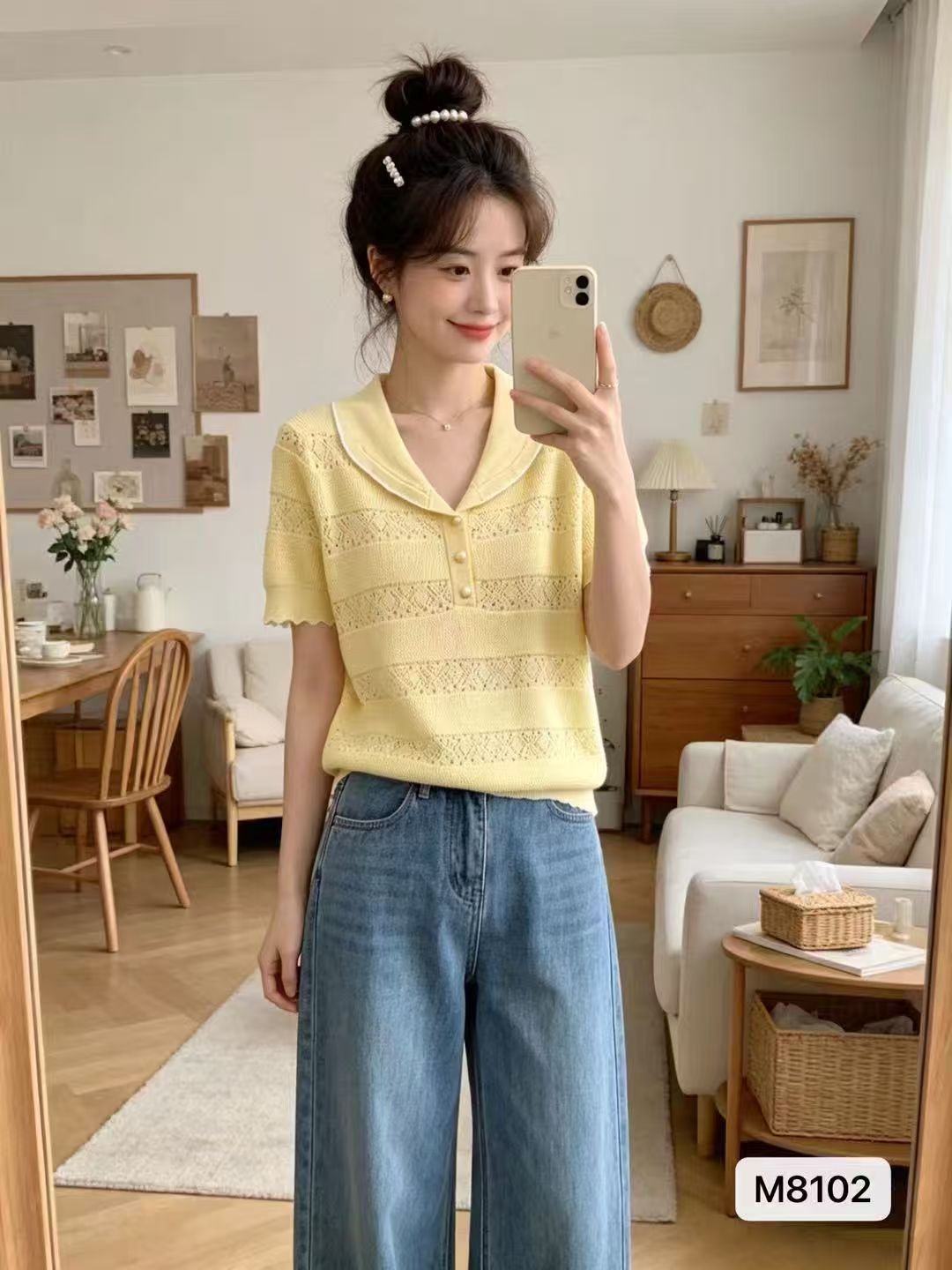 달콤함 연령 감소 베이비 칼라 홀로우 아웃 링 그리드 자카드 물결무늬 레이스 풀오버 반팔
