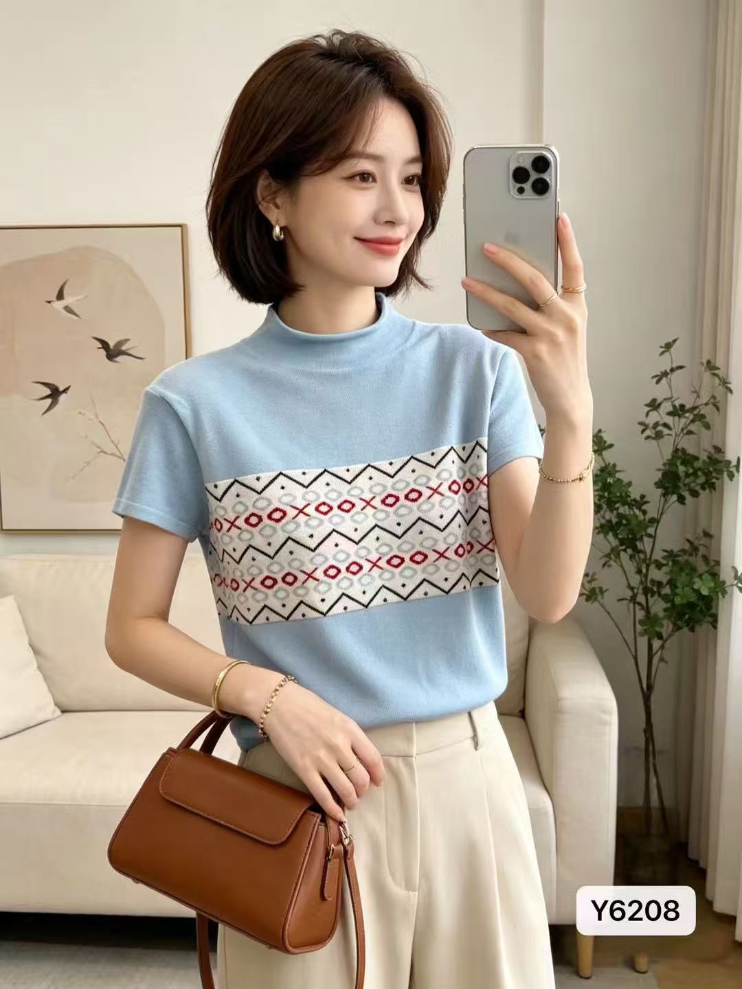 한 부서 라운드 넥 공정한 섬 기하학 자카드 니트 풀오버 반팔