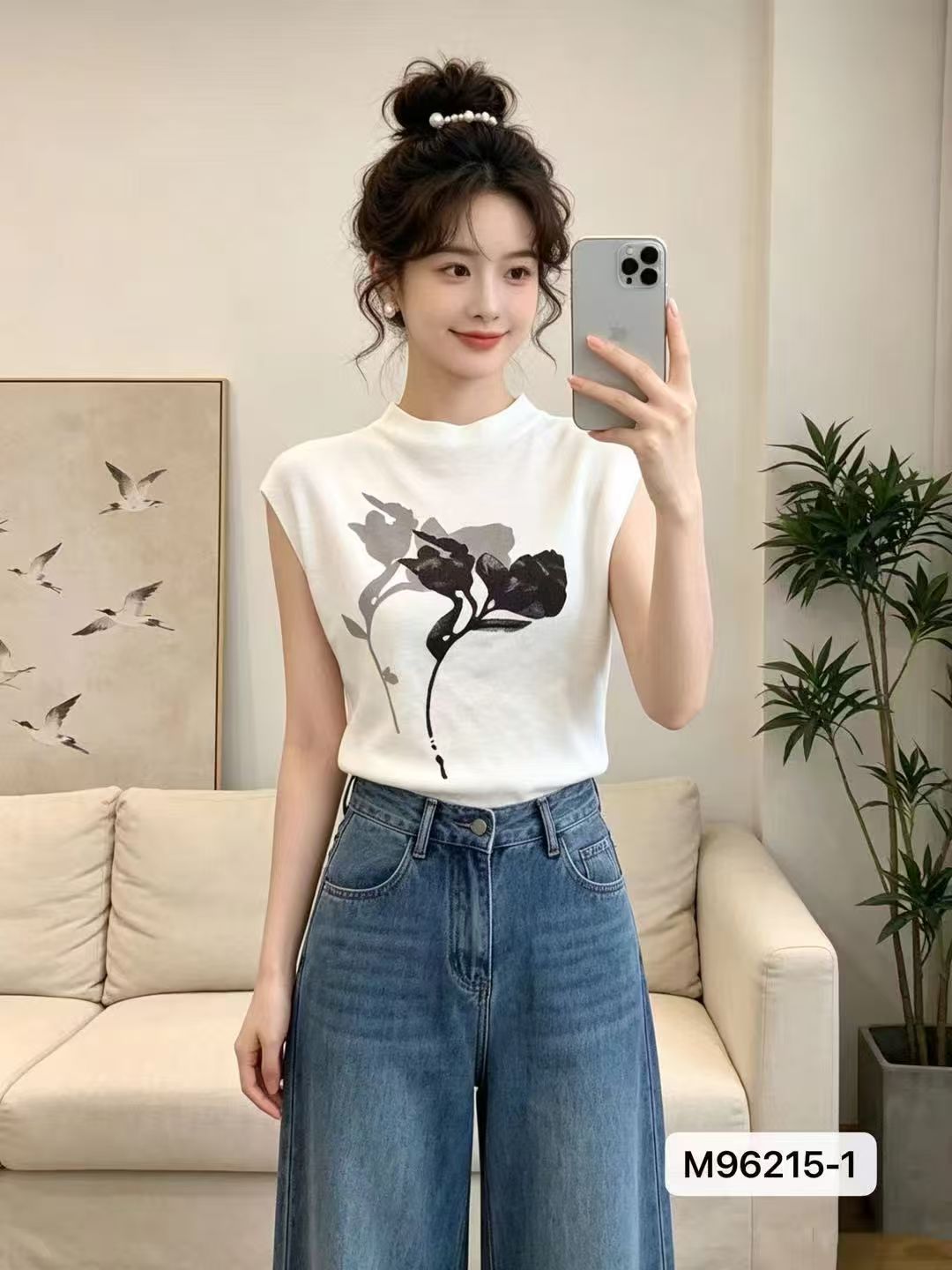 품격 반하이넥 장미 프린트 니트 풀오버 반팔