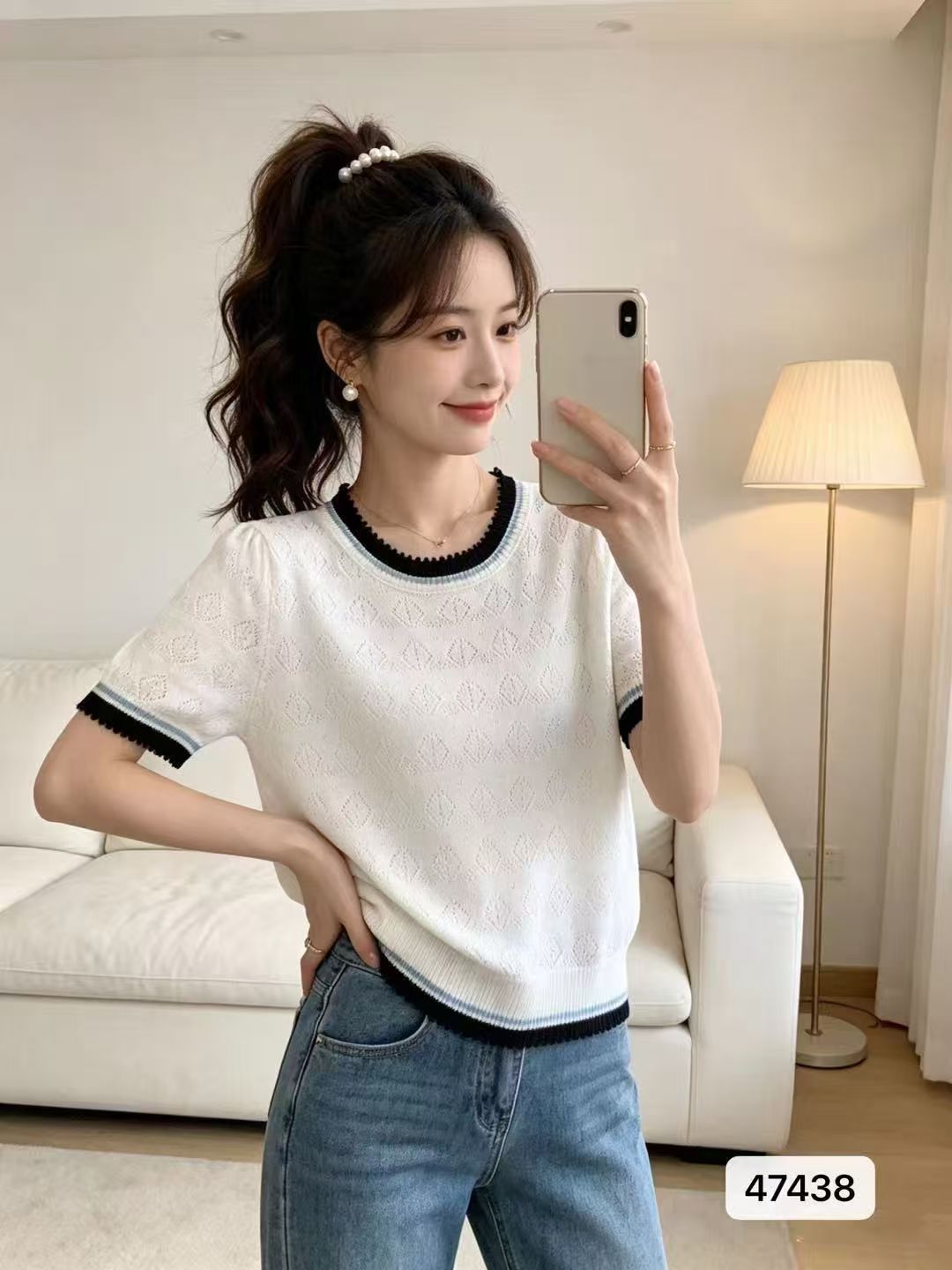 패션 라운드 넥 다이아몬드 모양 홀로우 아웃 니트 배색 측면 풀오버 반팔