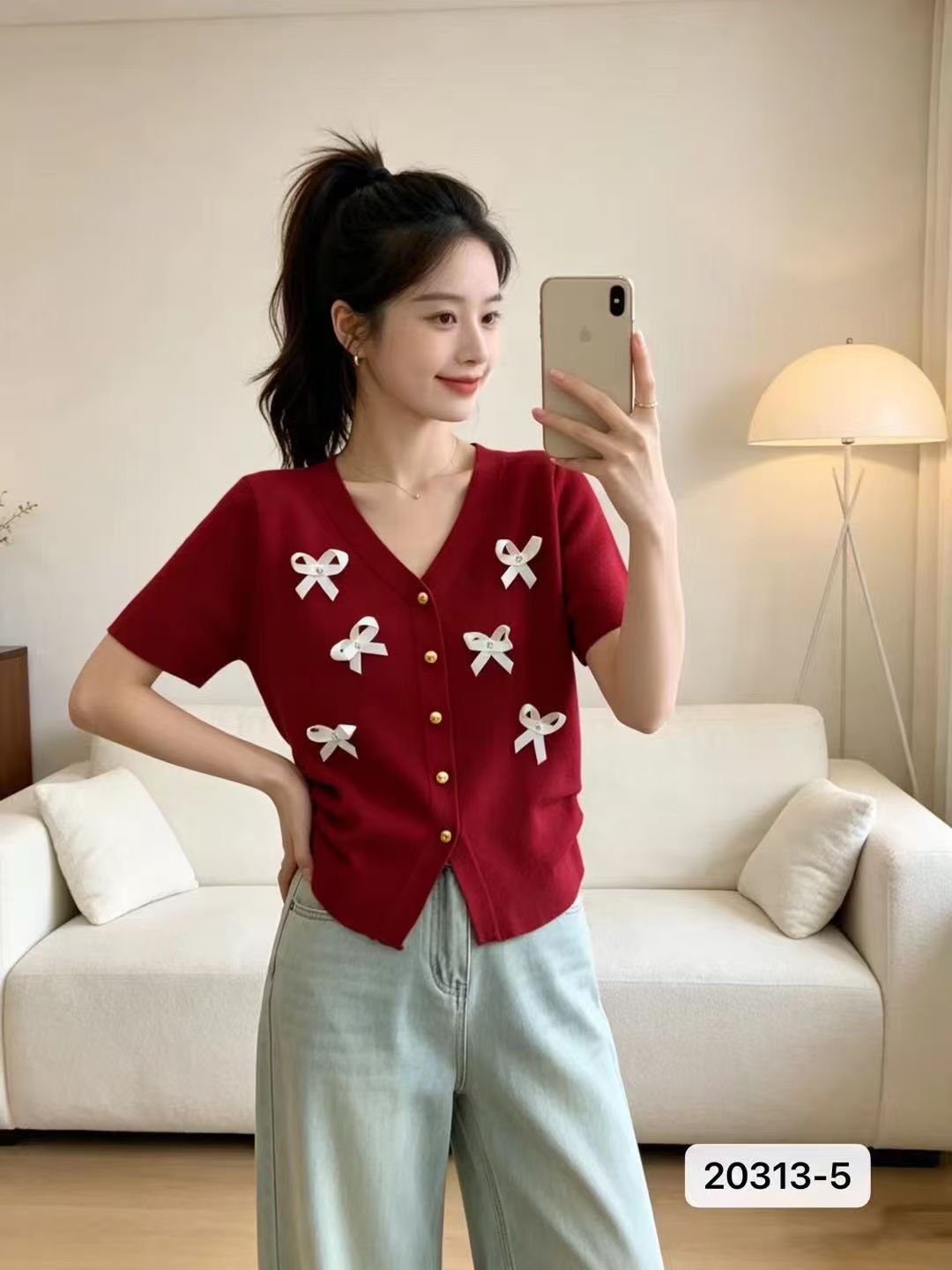 작은 샤넬 스타일 V넥 나비 매듭 비즈 박기 허리 수축 오픈 가디건 반팔