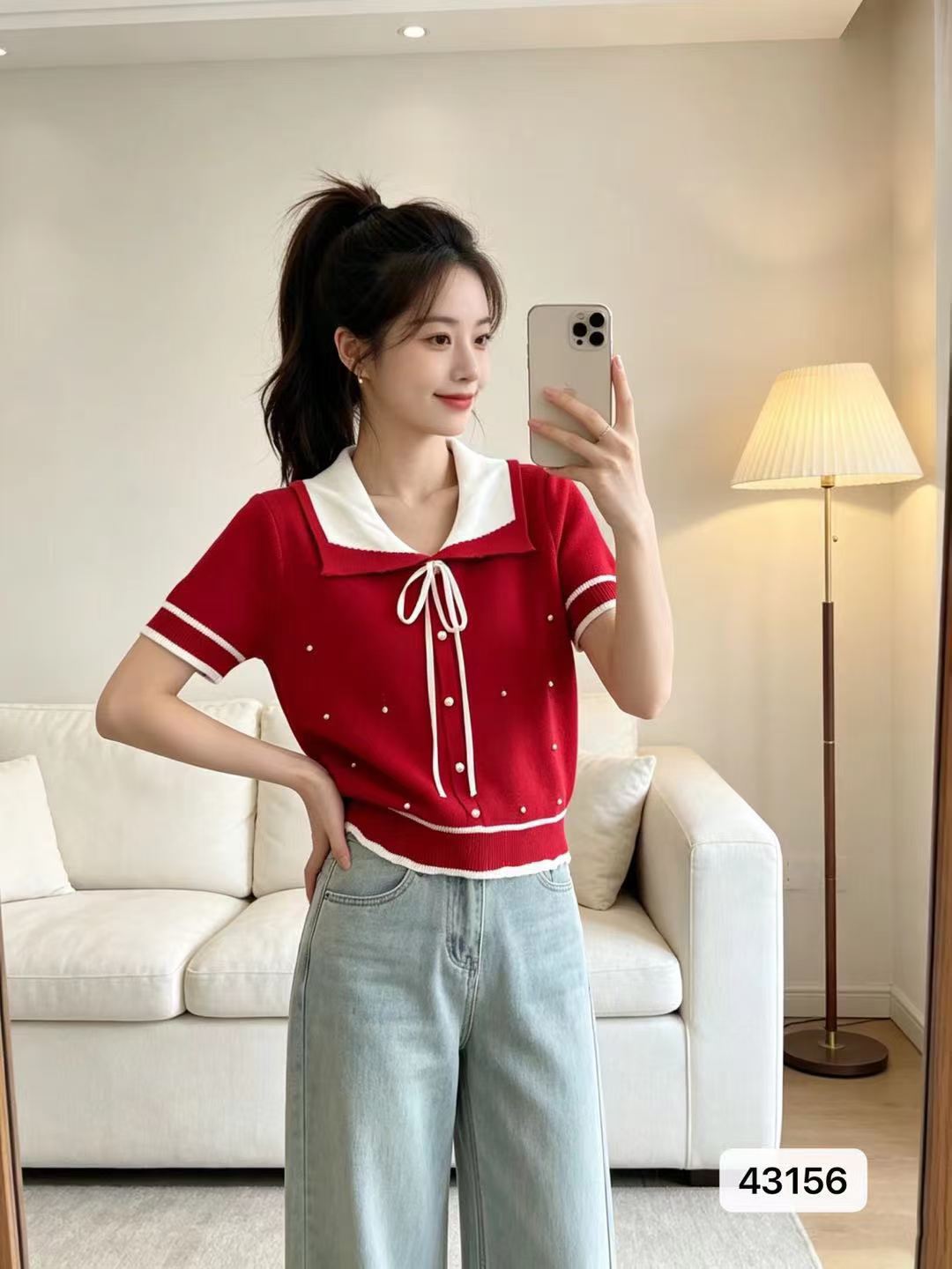 작은 샤넬 스타일 패치워크 색상 베이비 칼라 나비 매듭 비즈 박기 풀오버 반팔