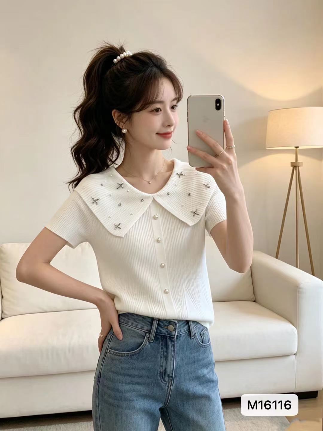패션 빅 칼라 비즈 박기 Chic 치마 풀오버 반팔
