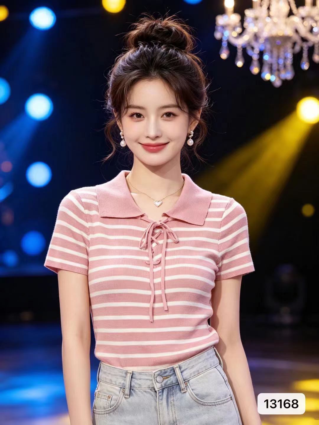 패션 라운드 넥 자수 배색 스트라이프 루즈핏 반팔 오픈 가디건