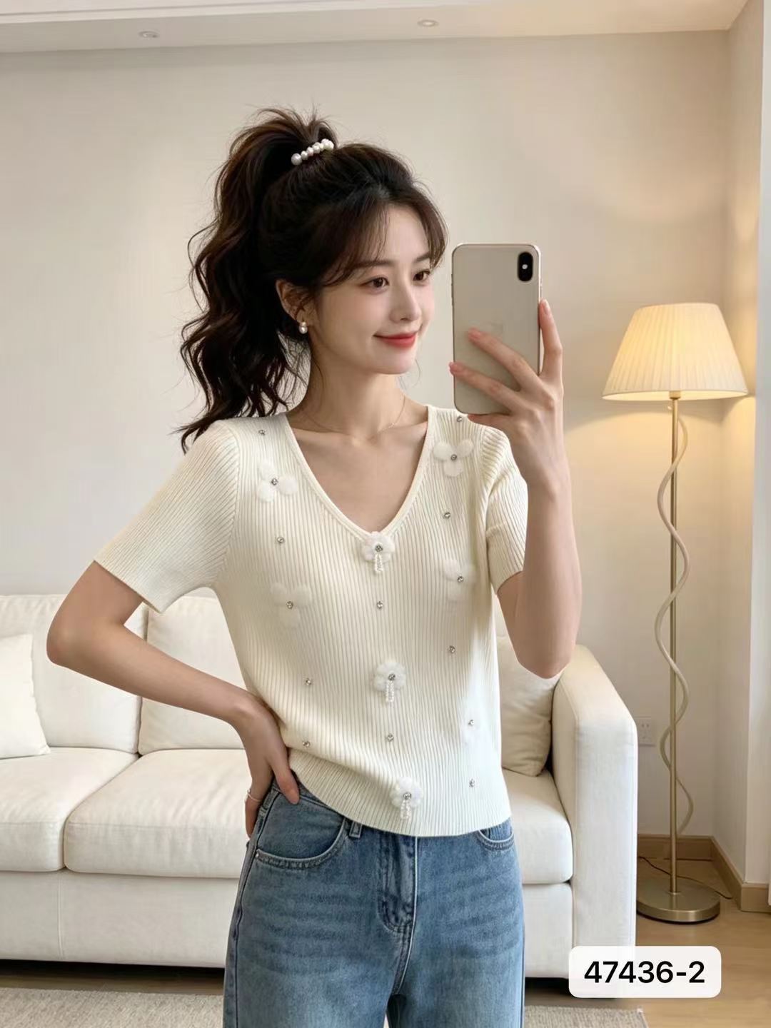 분위기 센스 V넥 3 차원 꽃 못 훈련 니트 풀오버 반팔